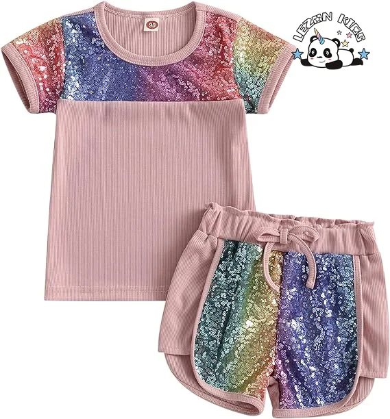 LEZONKIDS - Customizable Gradient Sequin Sleeves T Shirt Sequin Short Girls Summer Sequin Clothing Set